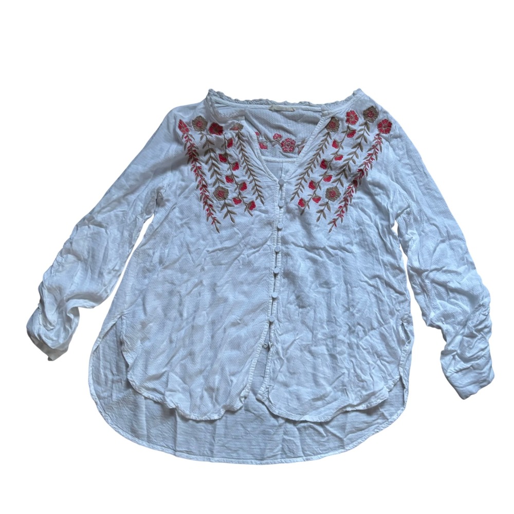 Lovestitch Embroidered Blouse Small White Floral‎ Button Front Roll Tab Sleeve